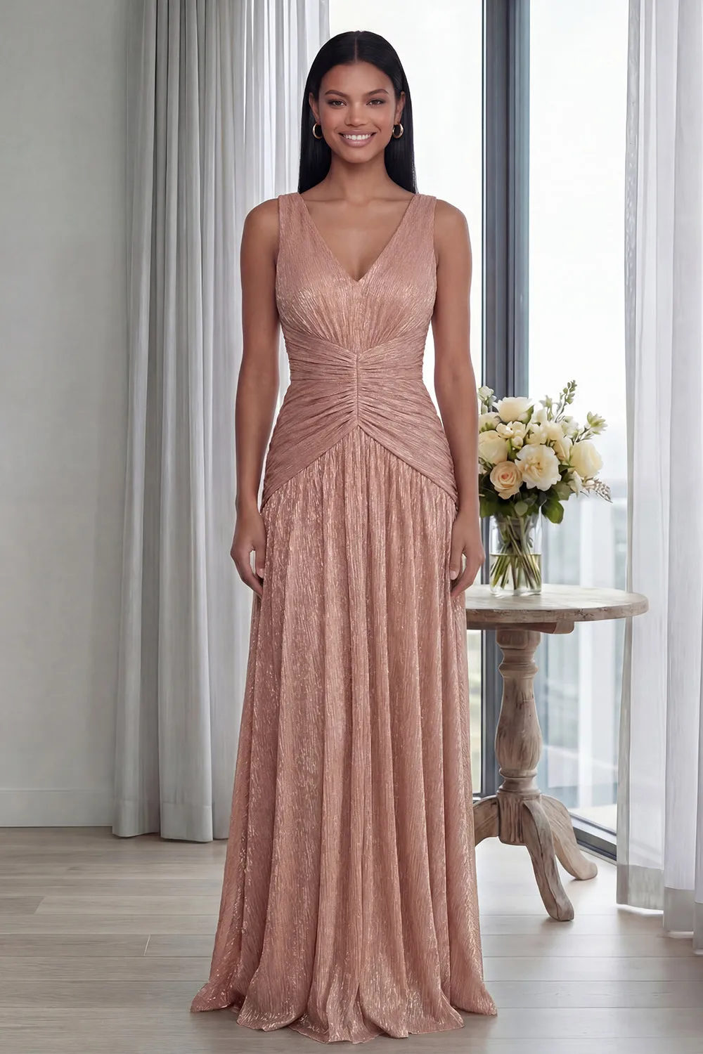 Dusty Rose V Neck A Line Pleated Long Formal Dress sold by Zapaka