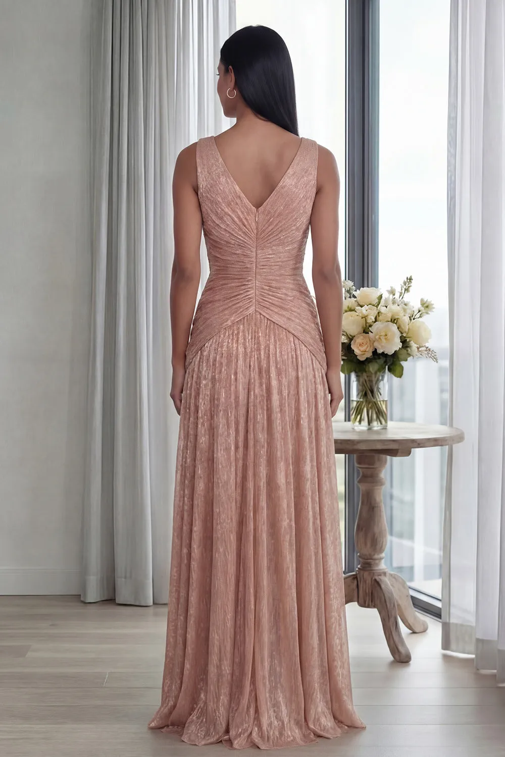 Dusty Rose V Neck A Line Pleated Long Formal Dress sold by Zapaka product image thumbnail 2