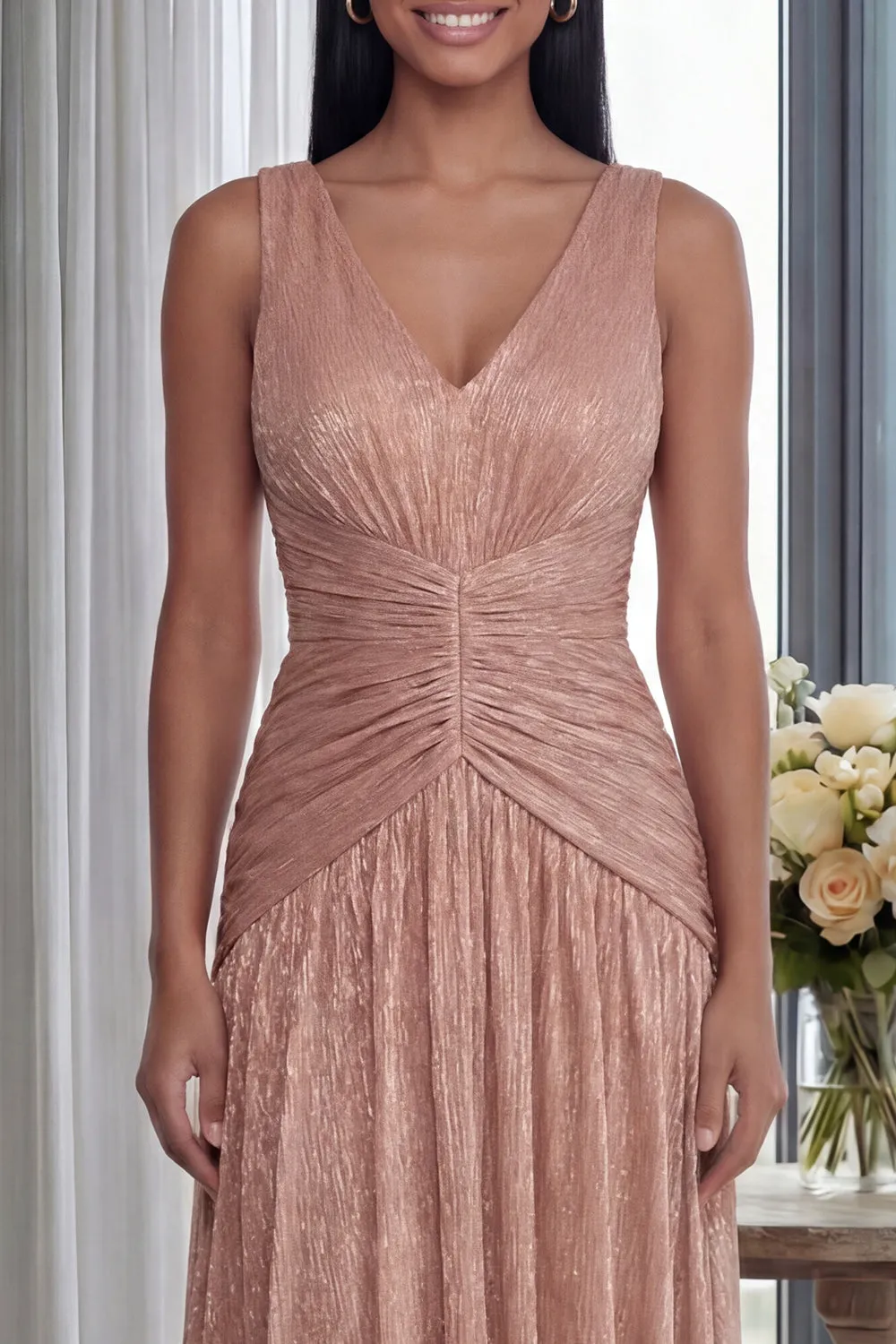 Dusty Rose V Neck A Line Pleated Long Formal Dress sold by Zapaka product image thumbnail 3