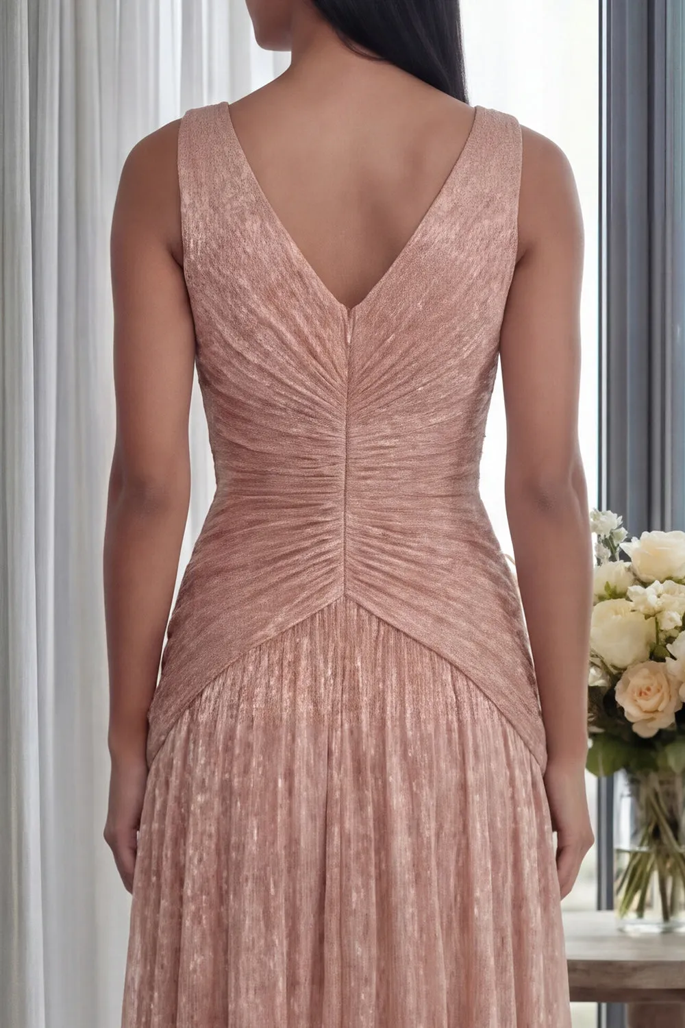 Dusty Rose V Neck A Line Pleated Long Formal Dress sold by Zapaka product image thumbnail 4