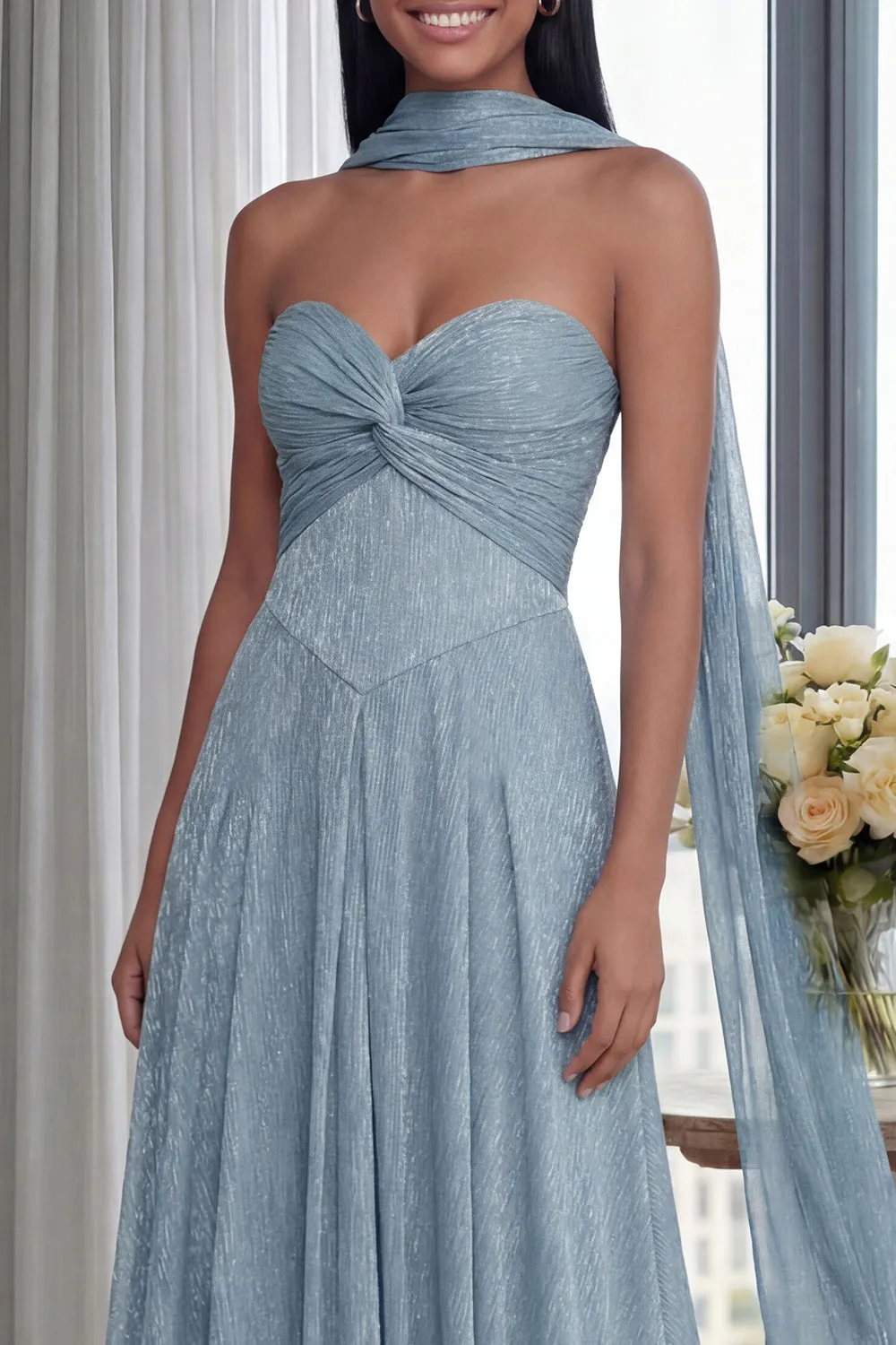 Sky Blue Strapless A Line Pleated Long Formal Dress with Ribbon sold by Zapaka product image thumbnail 3