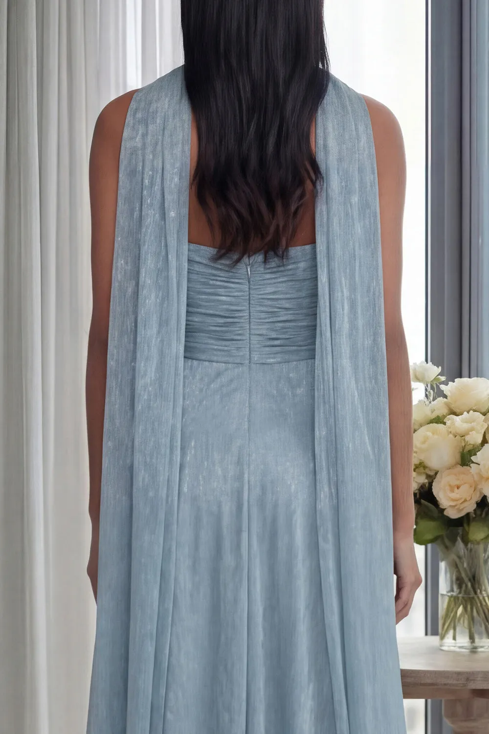 Sky Blue Strapless A Line Pleated Long Formal Dress with Ribbon sold by Zapaka product image thumbnail 4