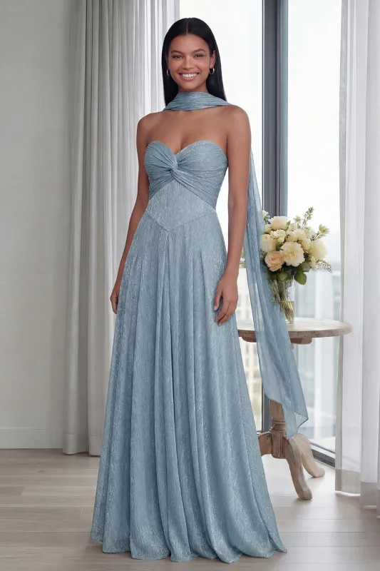 Sky Blue Strapless A Line Pleated Long Formal Dress with Ribbon made by Zapaka