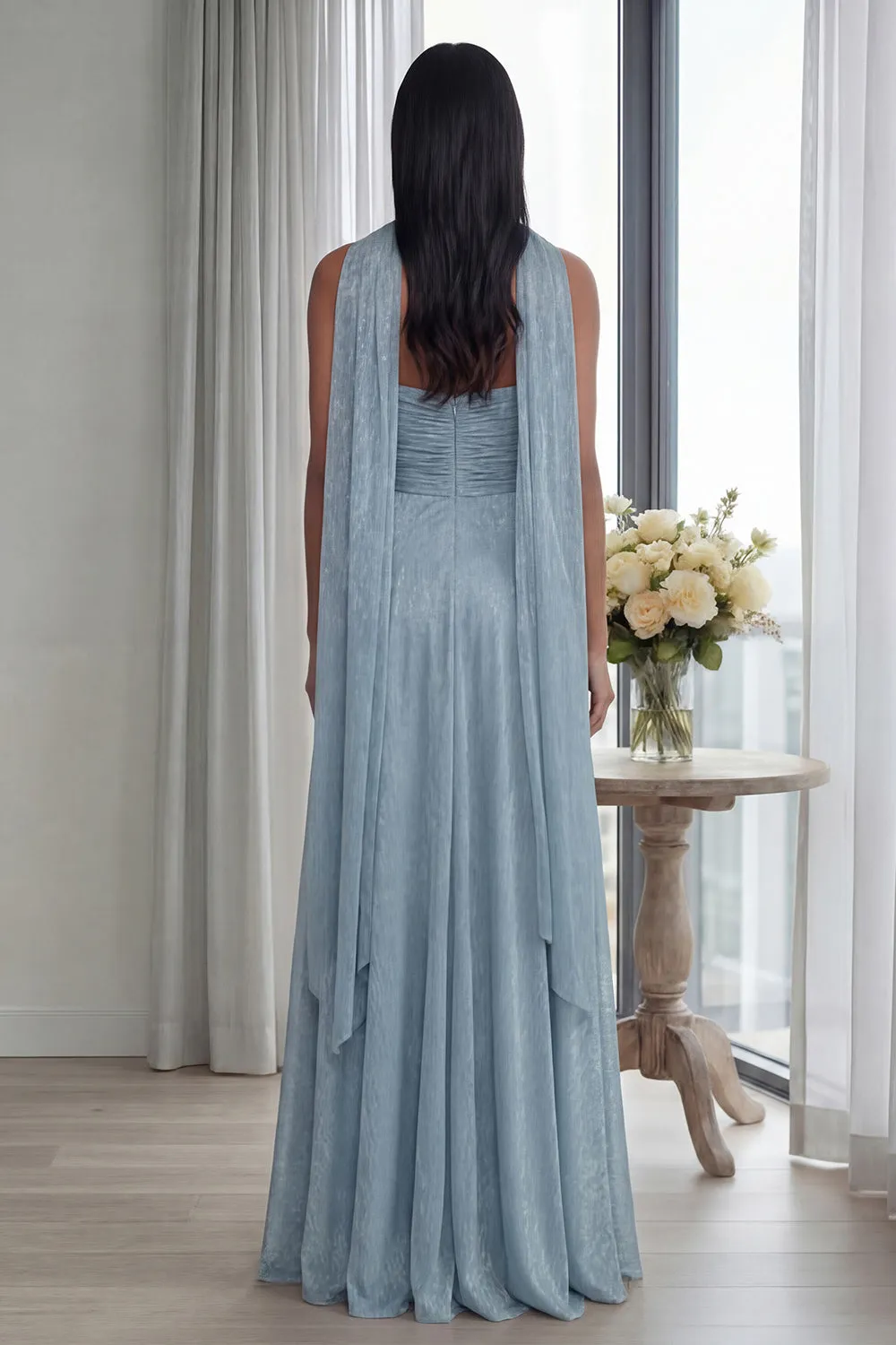 Sky Blue Strapless A Line Pleated Long Formal Dress with Ribbon sold by Zapaka product image thumbnail 2