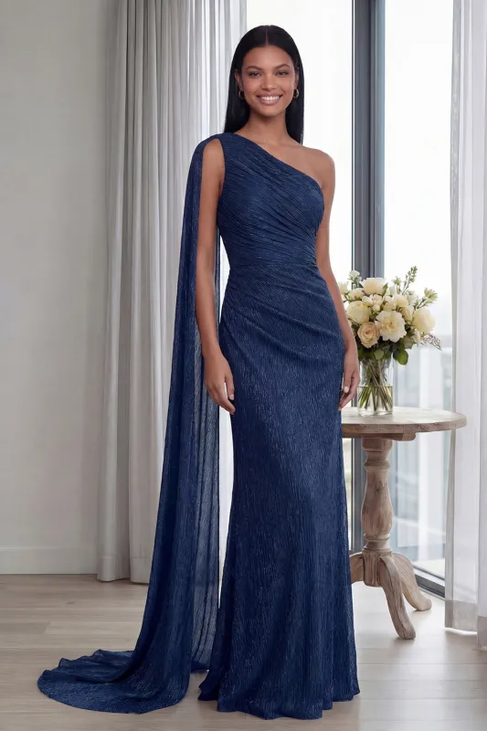 Navy One Shoulder Sheath Ruched Long Formal Dress with Ribbon made by Zapaka