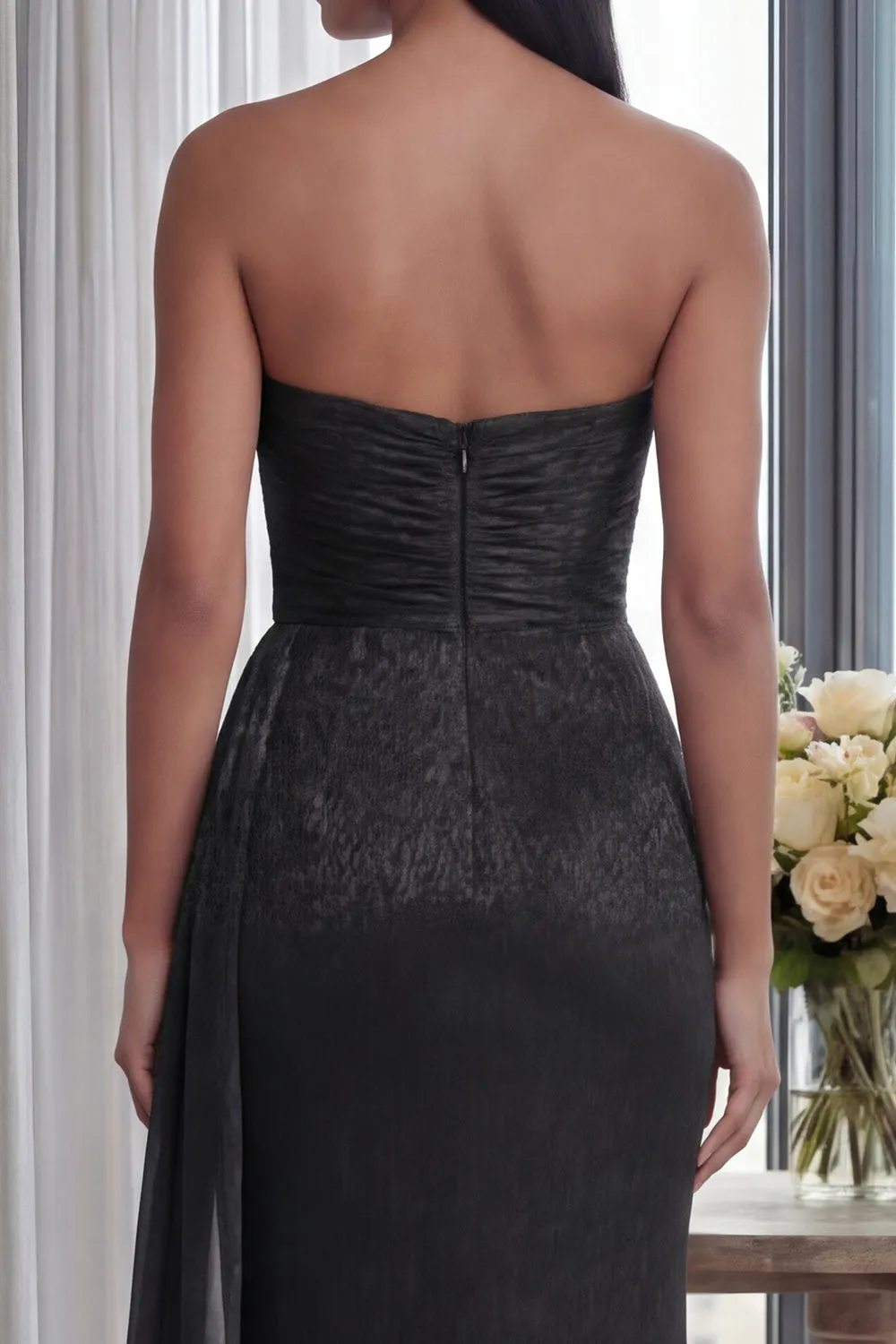 Back Strapless Sheath Ruched Long Formal Dress with Ribbon sold by Zapaka product image thumbnail 4