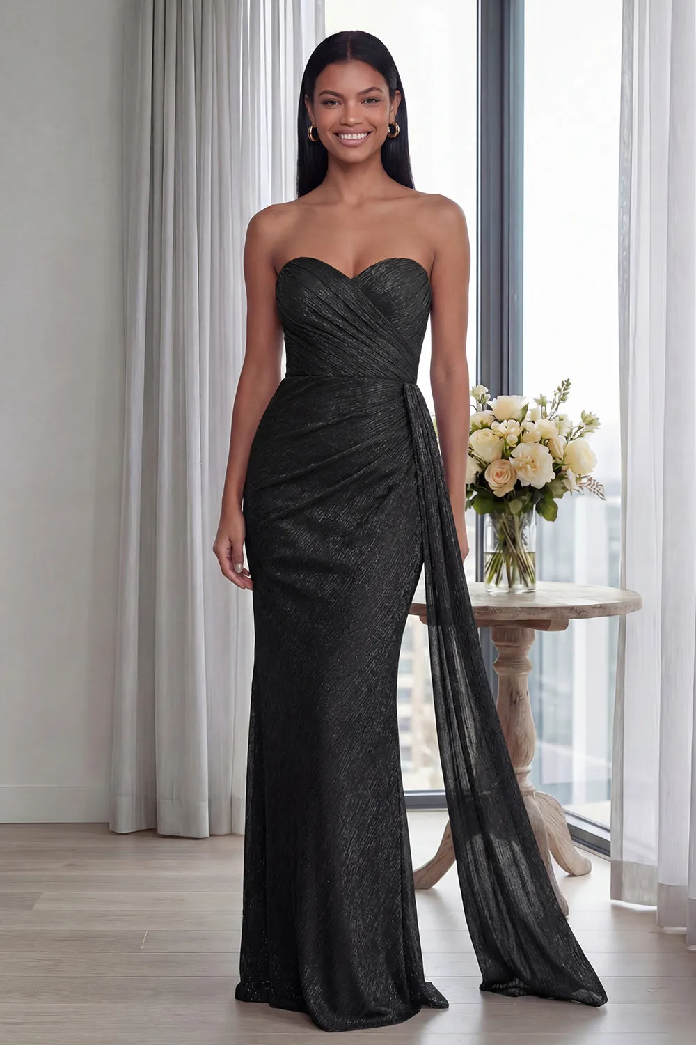 Back Strapless Sheath Ruched Long Formal Dress with Ribbon sold by Zapaka