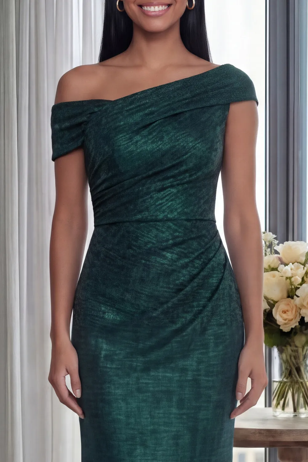 Dark Green Off the Shoulder Sheath Ruched Long Formal Dress with Back Zipper sold by Zapaka product image thumbnail 3
