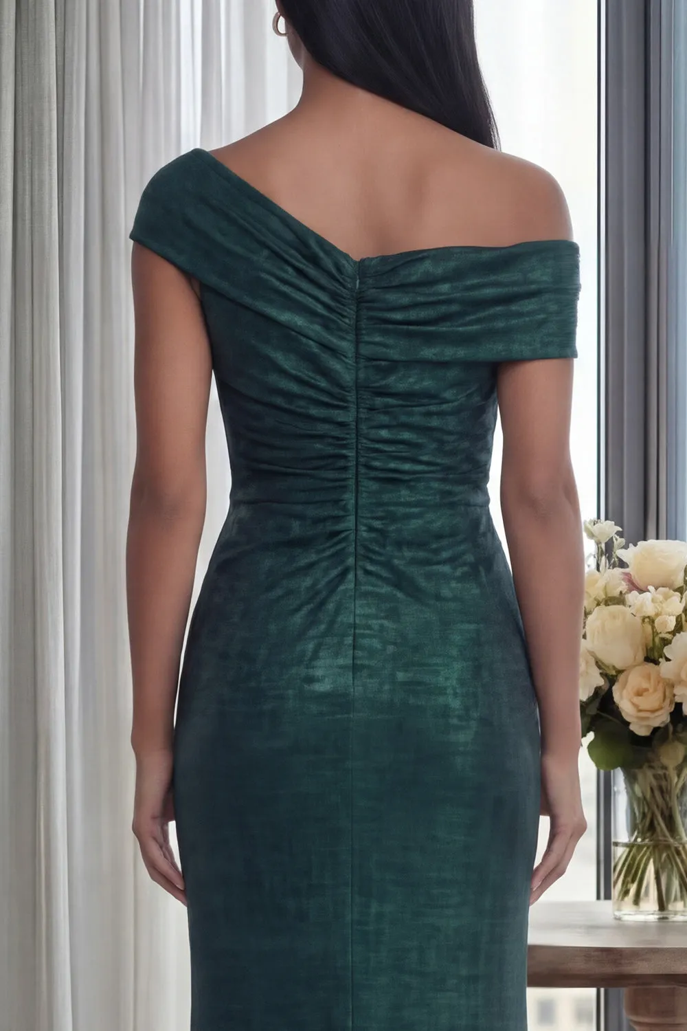 Dark Green Off the Shoulder Sheath Ruched Long Formal Dress with Back Zipper sold by Zapaka product image thumbnail 4