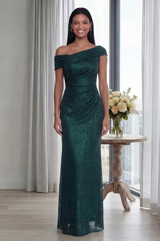 Dark Green Off the Shoulder Sheath Ruched Long Formal Dress with Back Zipper made by Zapaka