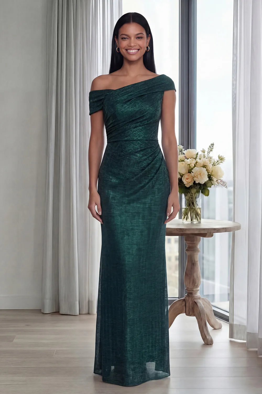 Dark Green Off the Shoulder Sheath Ruched Long Formal Dress with Back Zipper sold by Zapaka