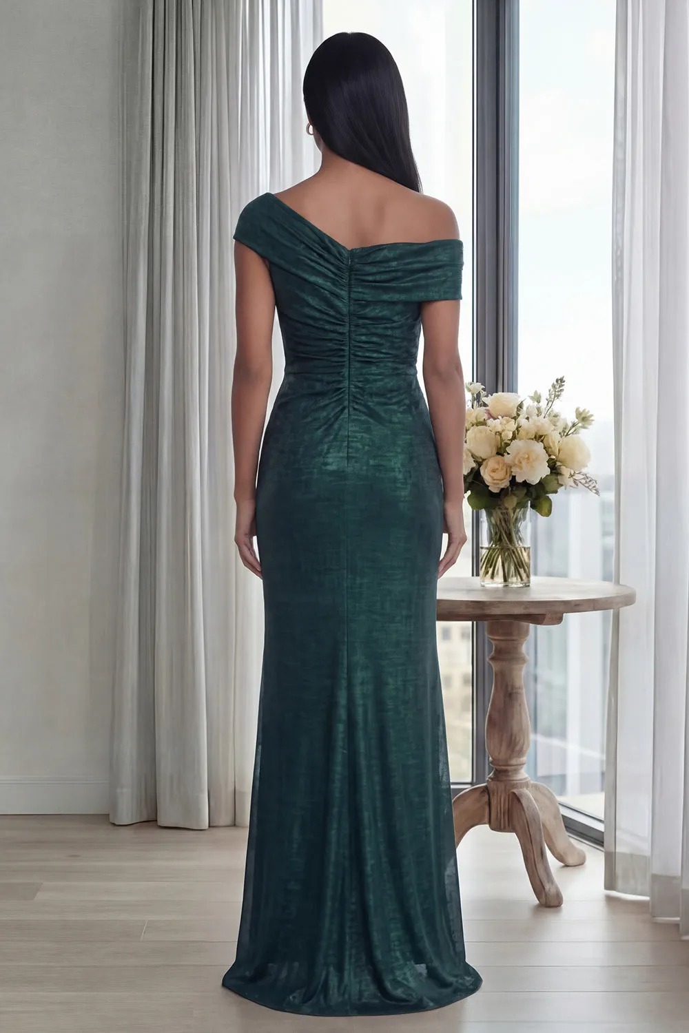 Dark Green Off the Shoulder Sheath Ruched Long Formal Dress with Back Zipper sold by Zapaka product image thumbnail 2