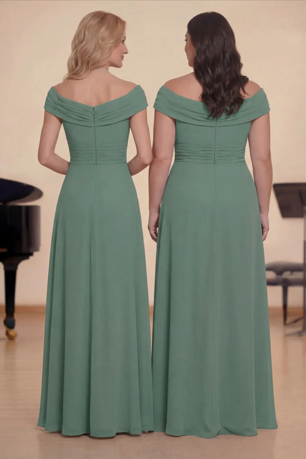 Off The Shoulder Green Chiffon A-Line Long Choir Dress with Slit sold by Zapaka product image thumbnail 2