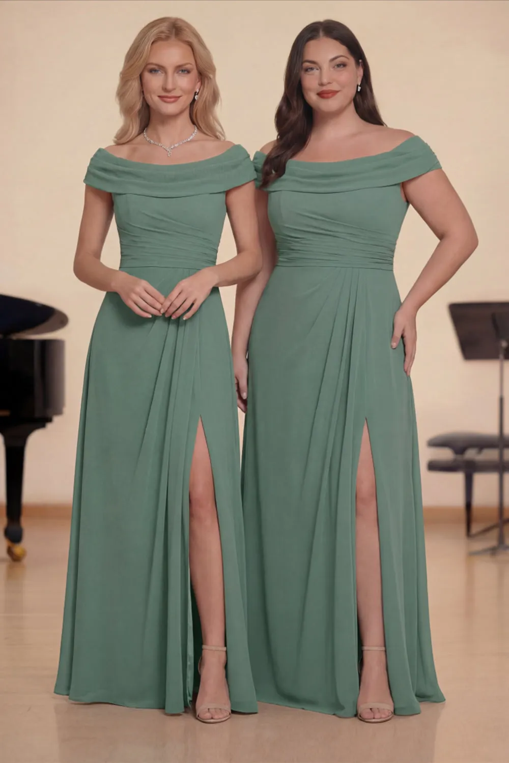 Off The Shoulder Green Chiffon A-Line Long Choir Dress with Slit sold by Zapaka
