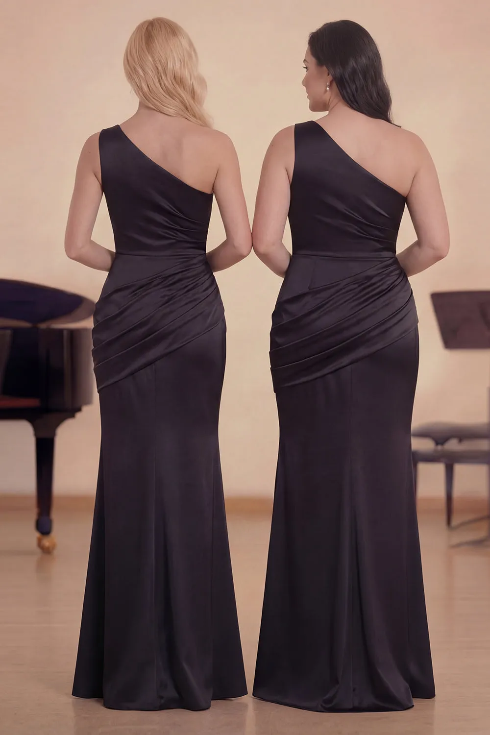 Black Mermaid One Shoulder Ruched Satin Long Choir Dress sold by Zapaka product image thumbnail 2