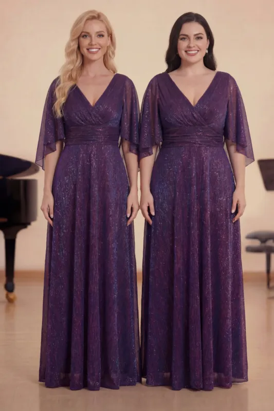Purple A-Line V-Neck Glitter Long Choir Dress sold by Zapaka