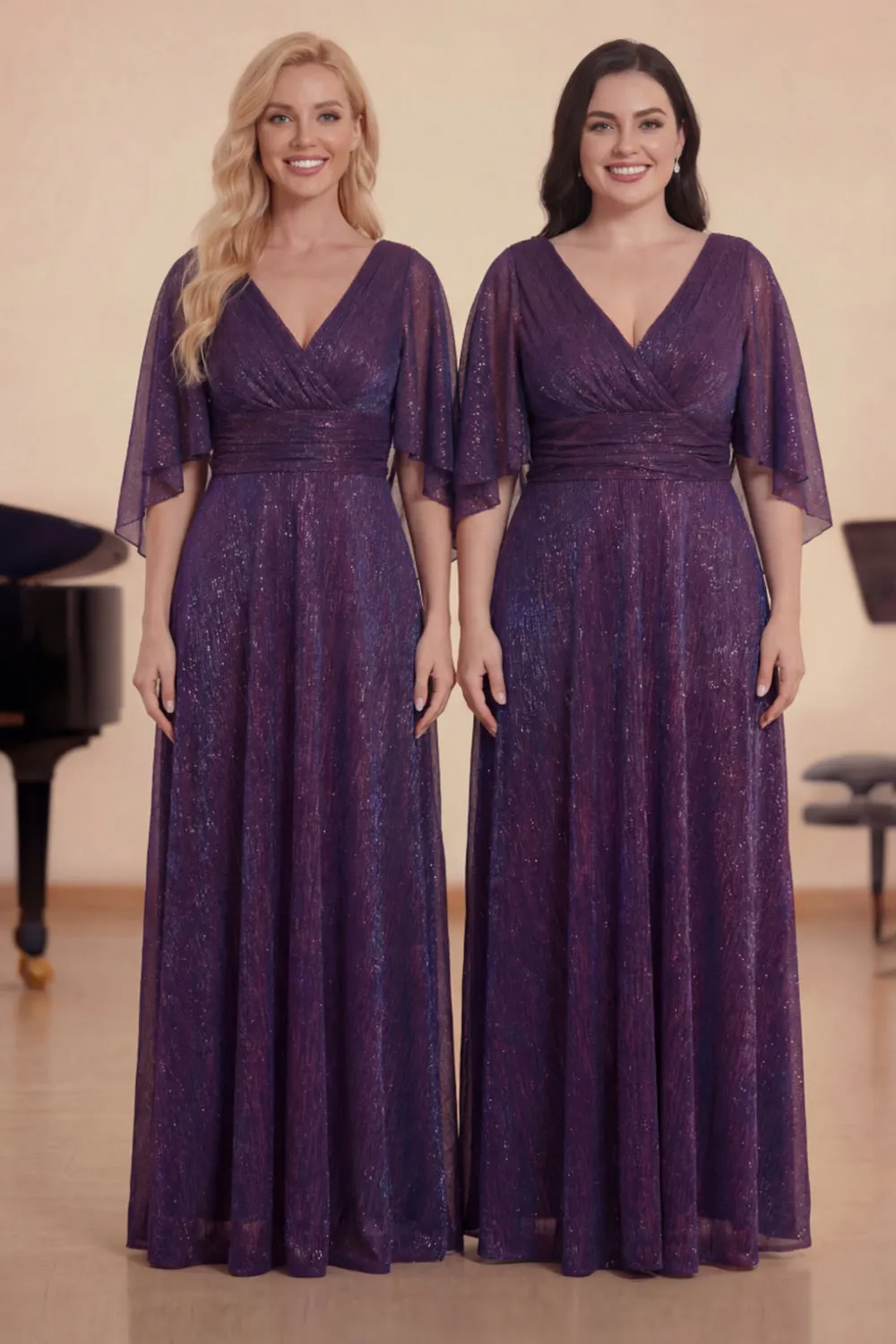 Purple A-Line V-Neck Glitter Long Choir Dress sold by Zapaka