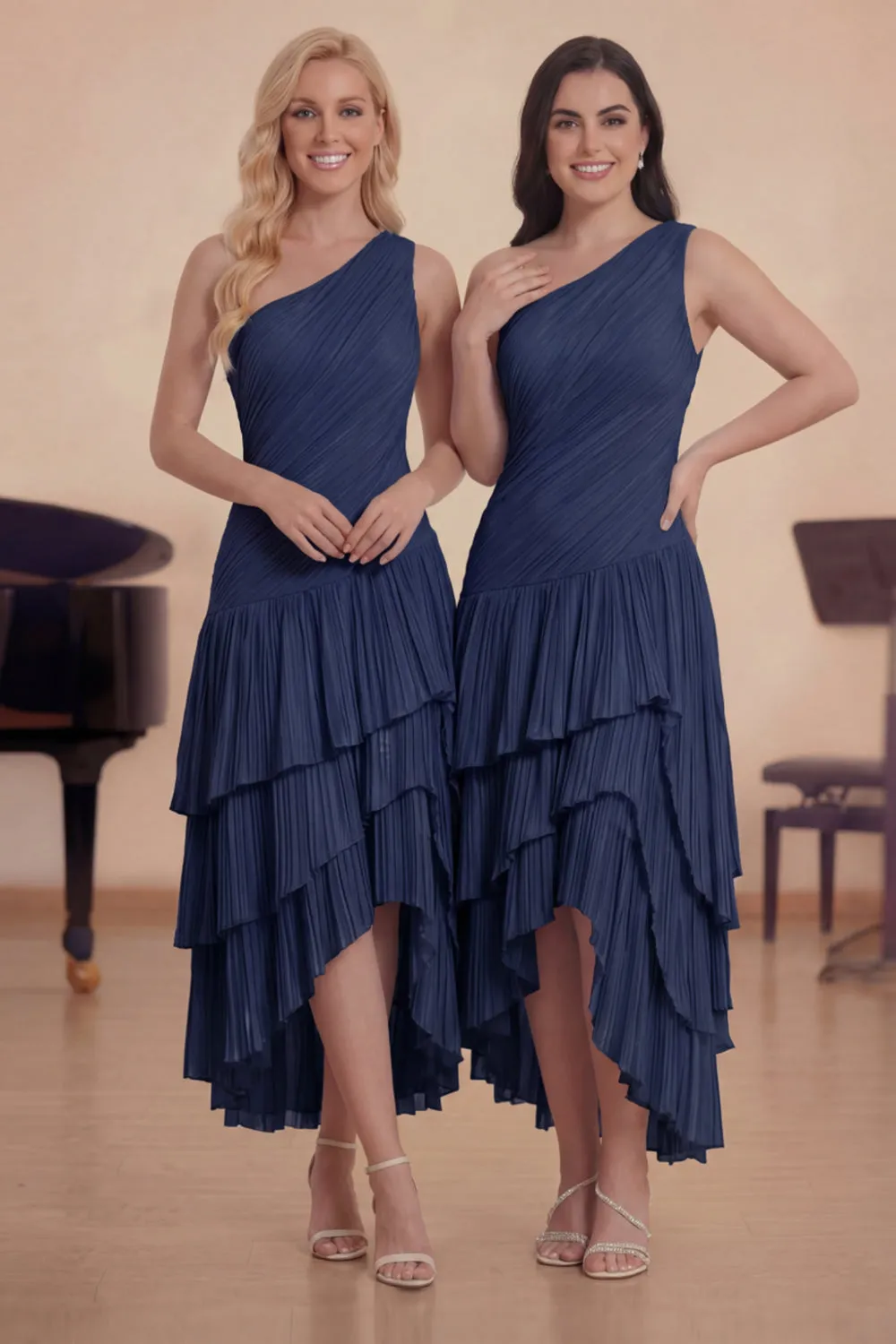 One Shoulder A Line Light Blue Pleated Midi Choir Dress with Ruffles sold by Zapaka product image thumbnail 2