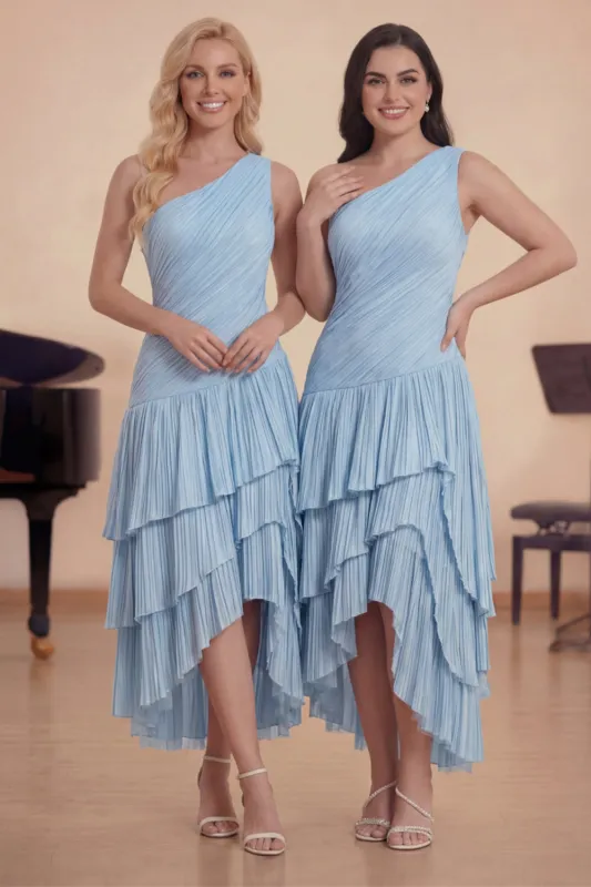 One Shoulder A Line Light Blue Pleated Midi Choir Dress with Ruffles made by Zapaka