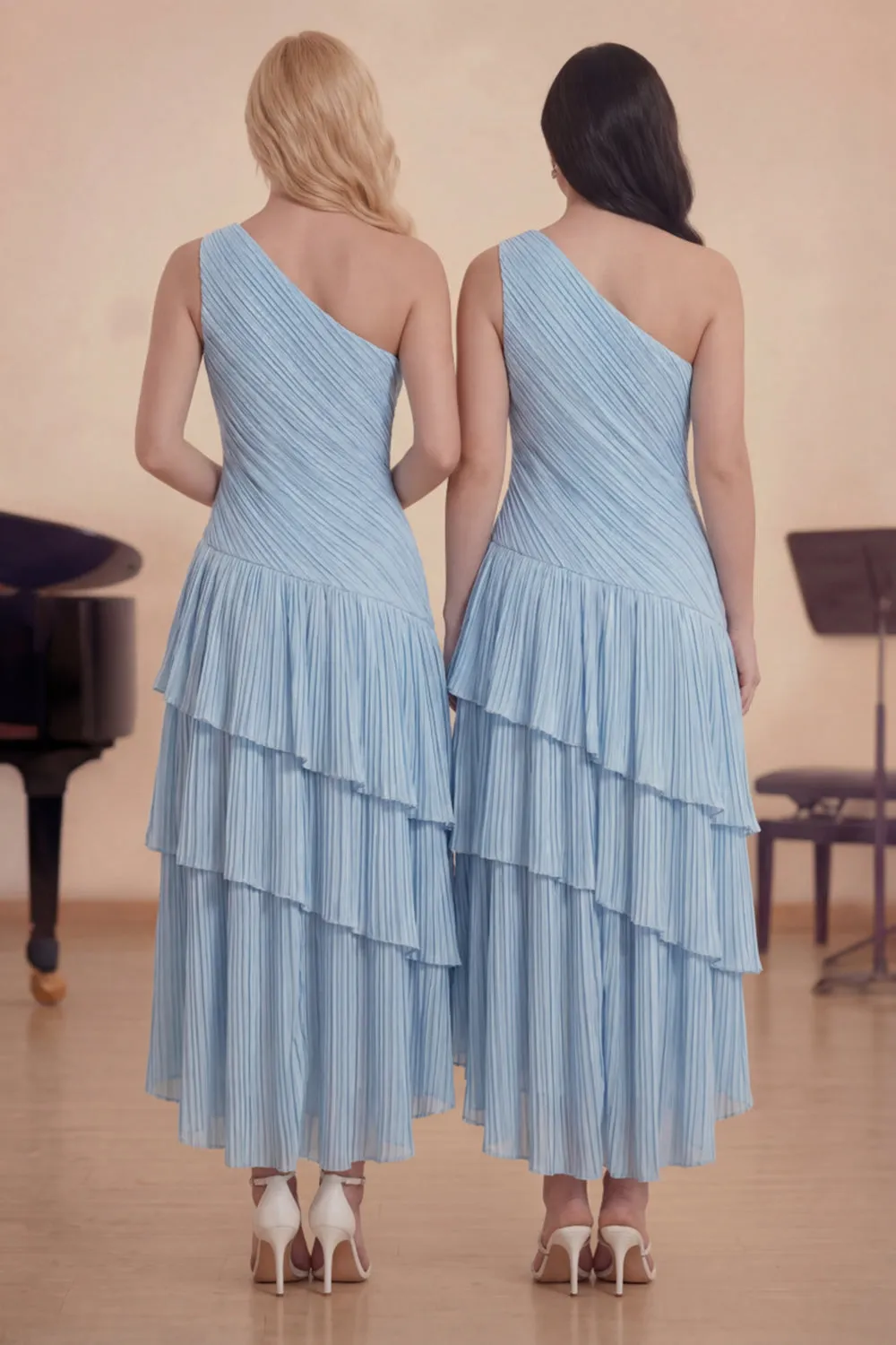 One Shoulder A Line Light Blue Pleated Midi Choir Dress with Ruffles sold by Zapaka product image thumbnail 3