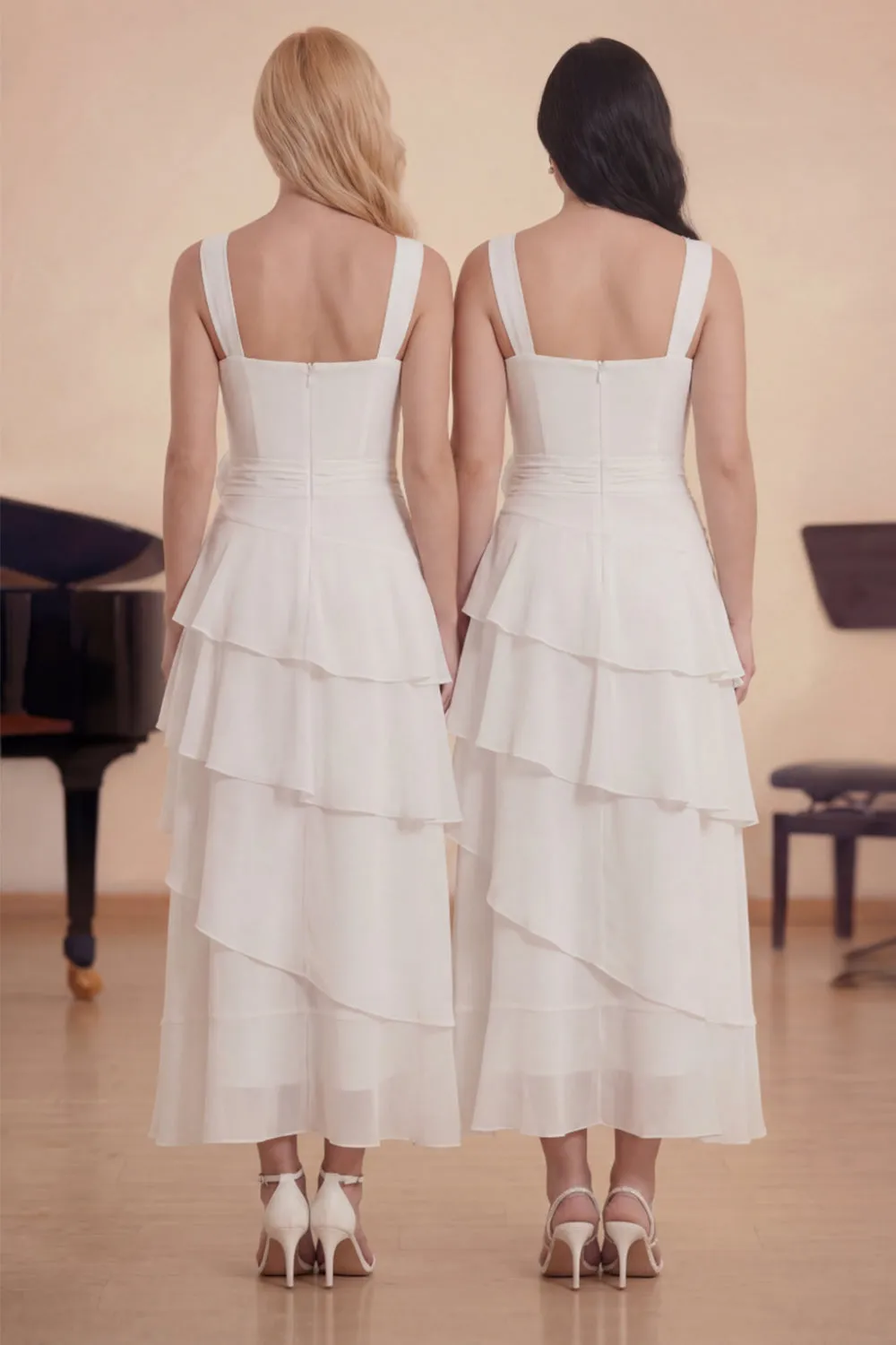 White Ruffled A-Line Chiffon Square Neck Choir Dress with 3D Flower sold by Zapaka product image thumbnail 2