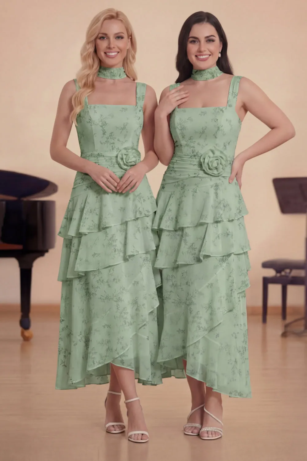 White Ruffled A-Line Chiffon Square Neck Choir Dress with 3D Flower sold by Zapaka product image thumbnail 3