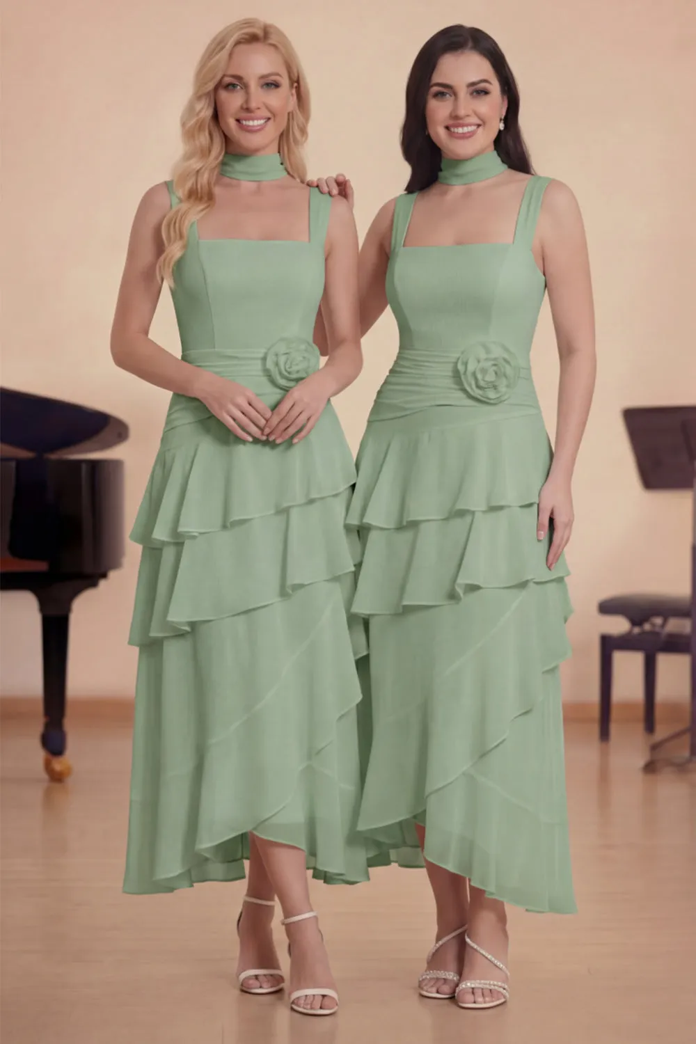 White Ruffled A-Line Chiffon Square Neck Choir Dress with 3D Flower sold by Zapaka product image thumbnail 4