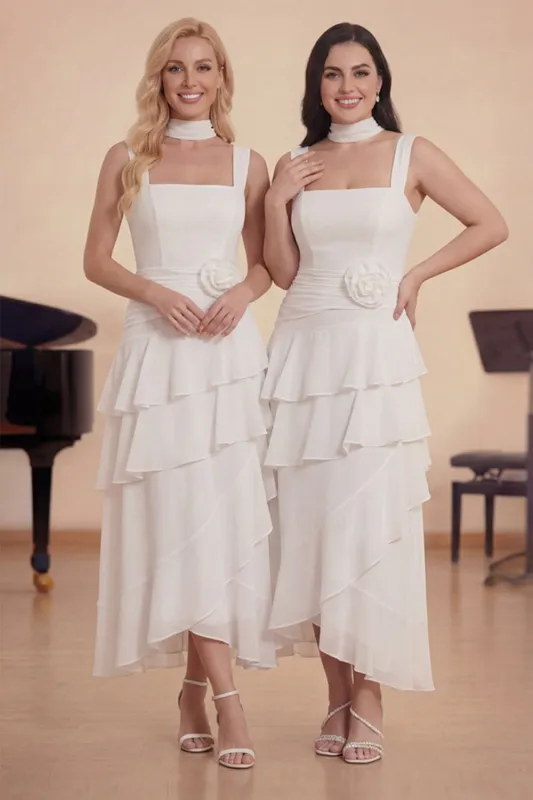 White Ruffled A-Line Chiffon Square Neck Choir Dress with 3D Flower made by Zapaka