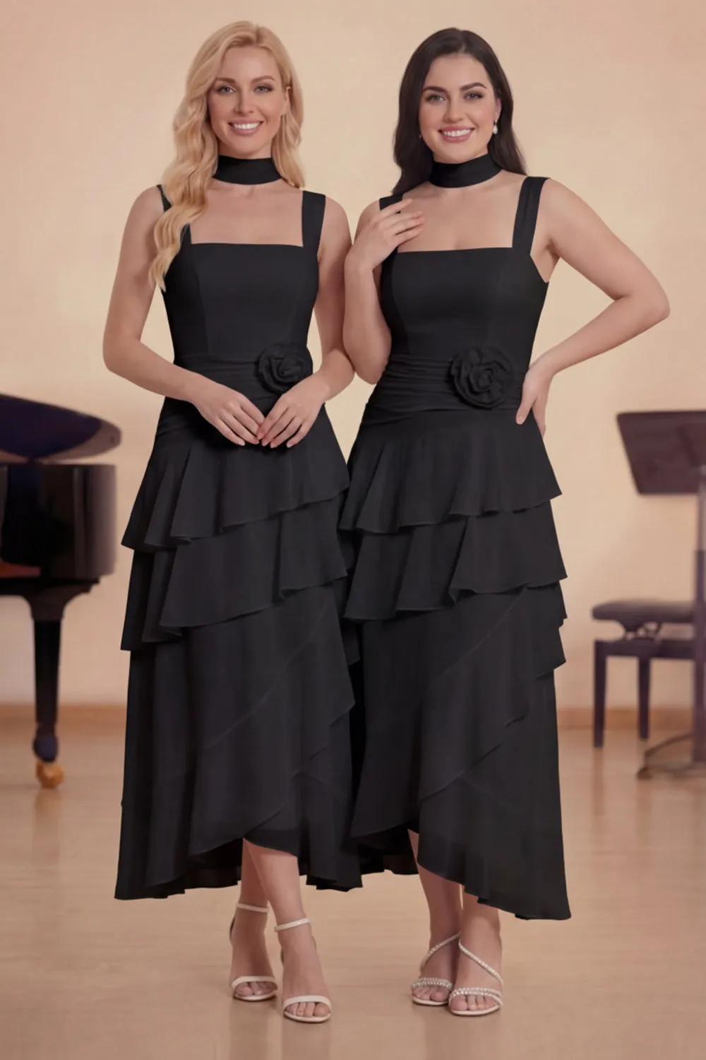 White Ruffled A-Line Chiffon Square Neck Choir Dress with 3D Flower sold by Zapaka product image thumbnail 5