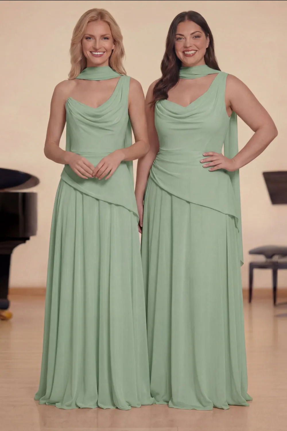 Pink A-Line Cowl Neck Chiffon Long Choir Dress with Streamer sold by Zapaka product image thumbnail 3