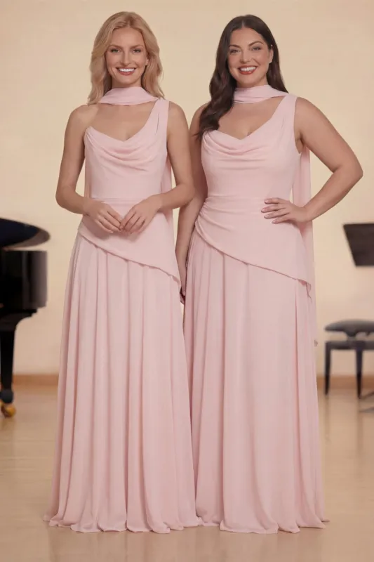 Pink A-Line Cowl Neck Chiffon Long Choir Dress with Streamer sold by Zapaka