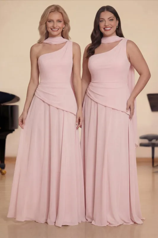 Pink Chiffon One Shoulder A-Line Long Choir Dress with Streamer made by Zapaka