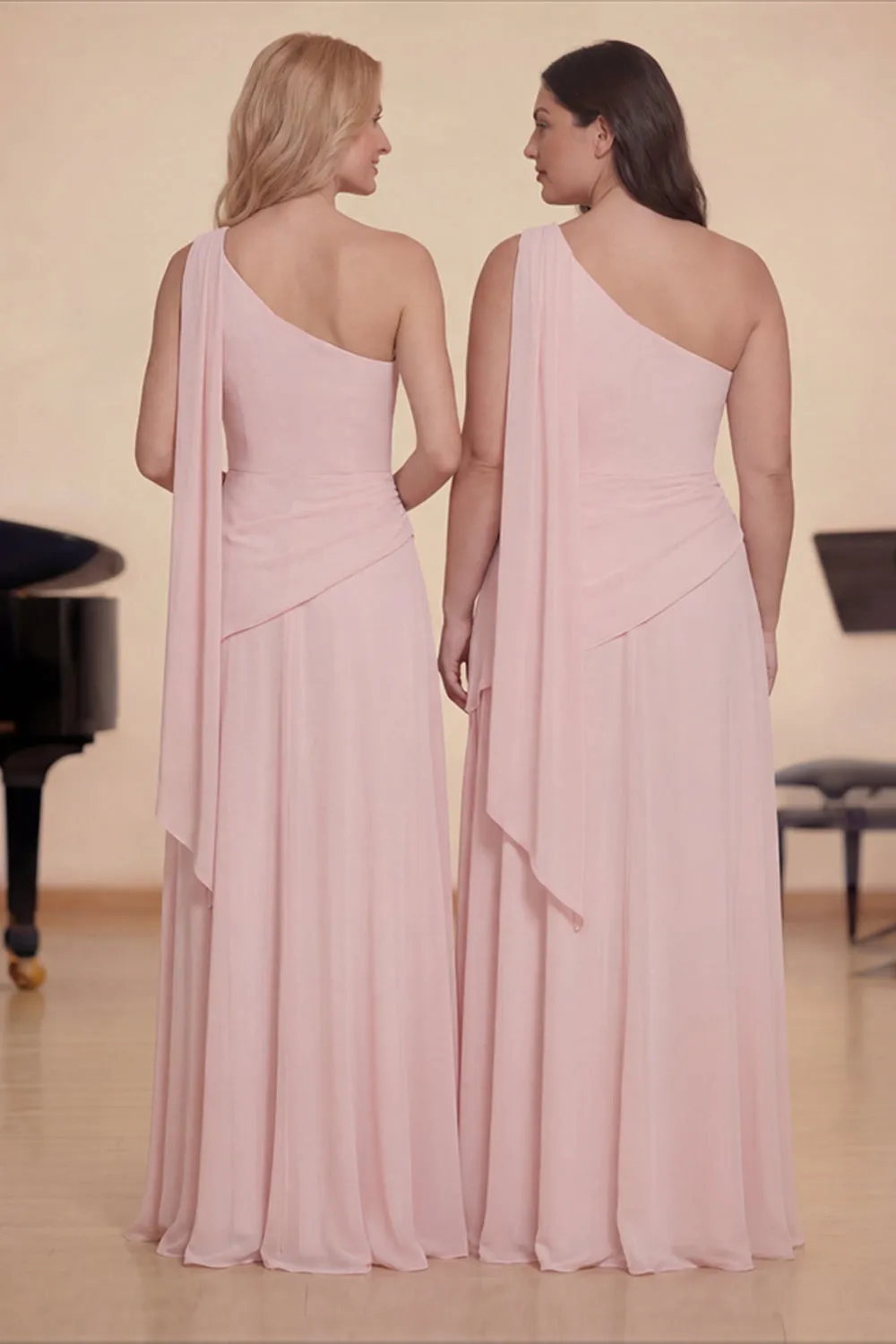 Pink Chiffon One Shoulder A-Line Long Choir Dress with Streamer sold by Zapaka product image thumbnail 2