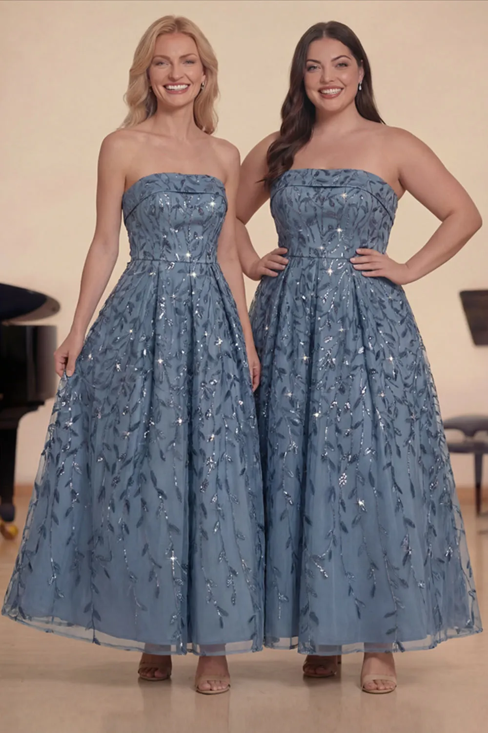 Strapless A Line Dusty Blue Sequins Long Choir Dress sold by Zapaka