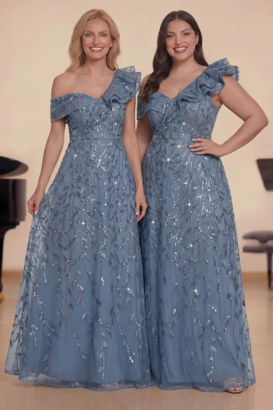 Dusty Blue One Shoulder A-Line Ruffled Long Choir Dress with Sequins made by Zapaka