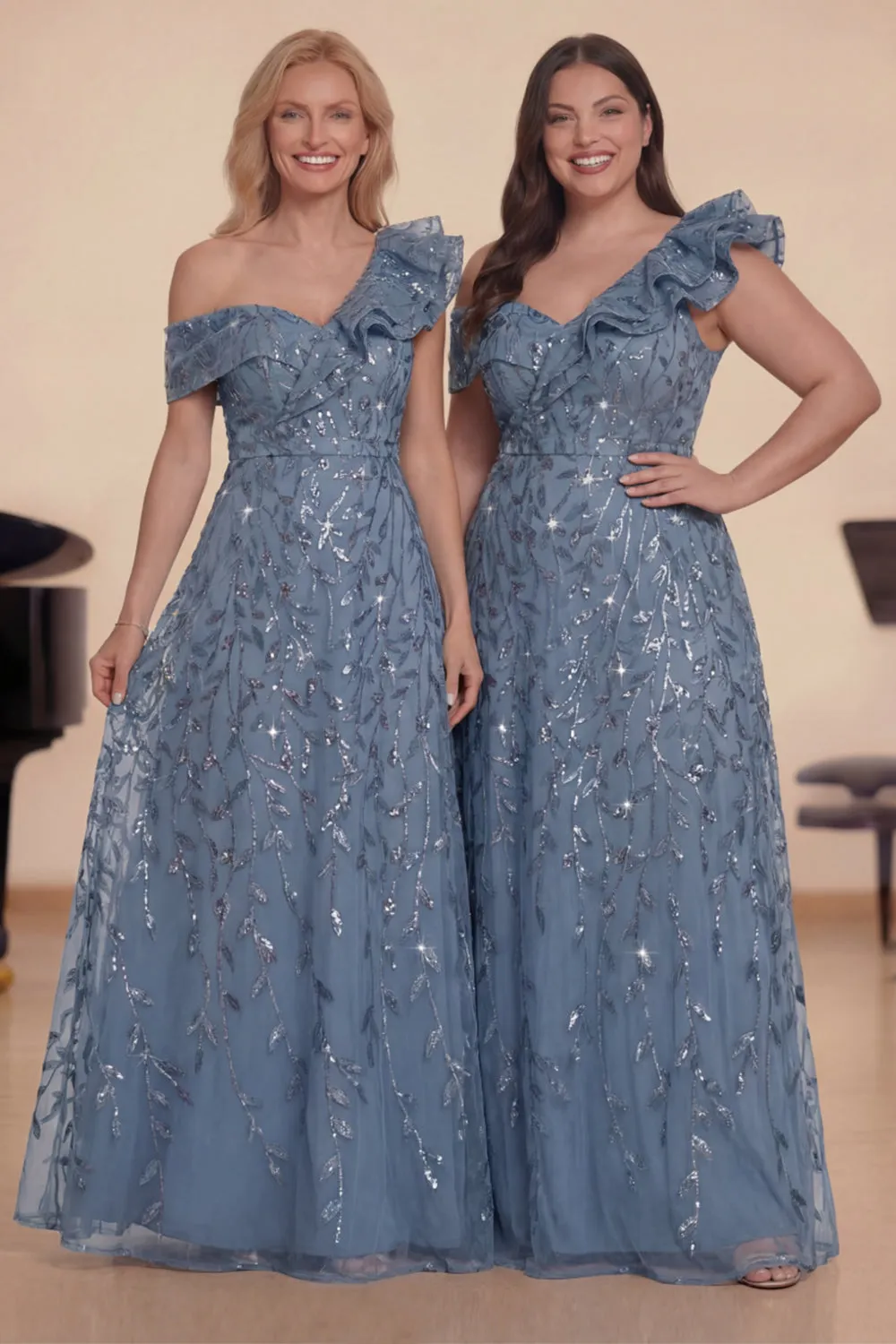 Dusty Blue One Shoulder A-Line Ruffled Long Choir Dress with Sequins sold by Zapaka