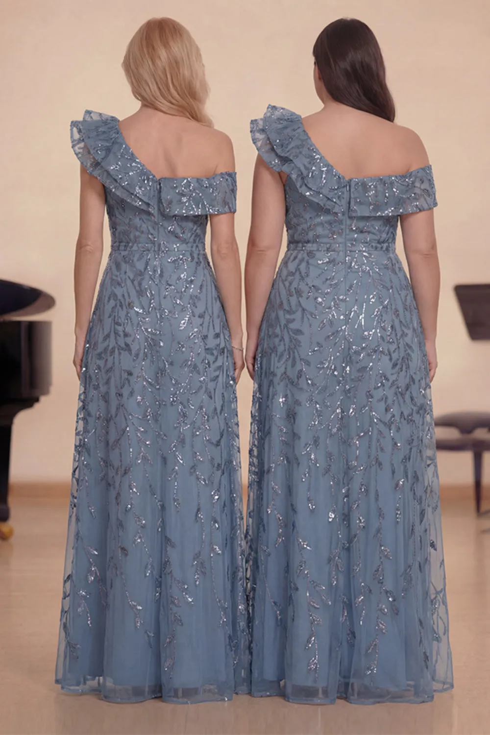 Dusty Blue One Shoulder A-Line Ruffled Long Choir Dress with Sequins sold by Zapaka product image thumbnail 2
