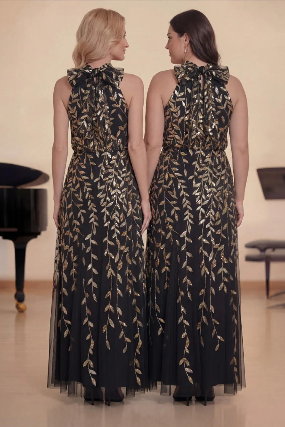 Sparkly Black Gold Halter A-Line Long Choir Dress with Sequins sold by Zapaka product image thumbnail 2