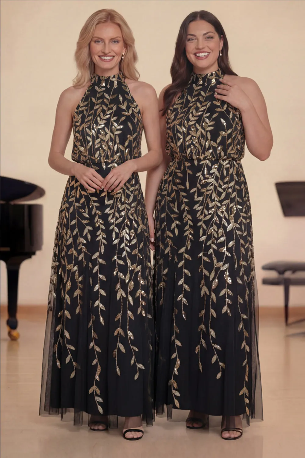 Sparkly Black Gold Halter A-Line Long Choir Dress with Sequins sold by Zapaka