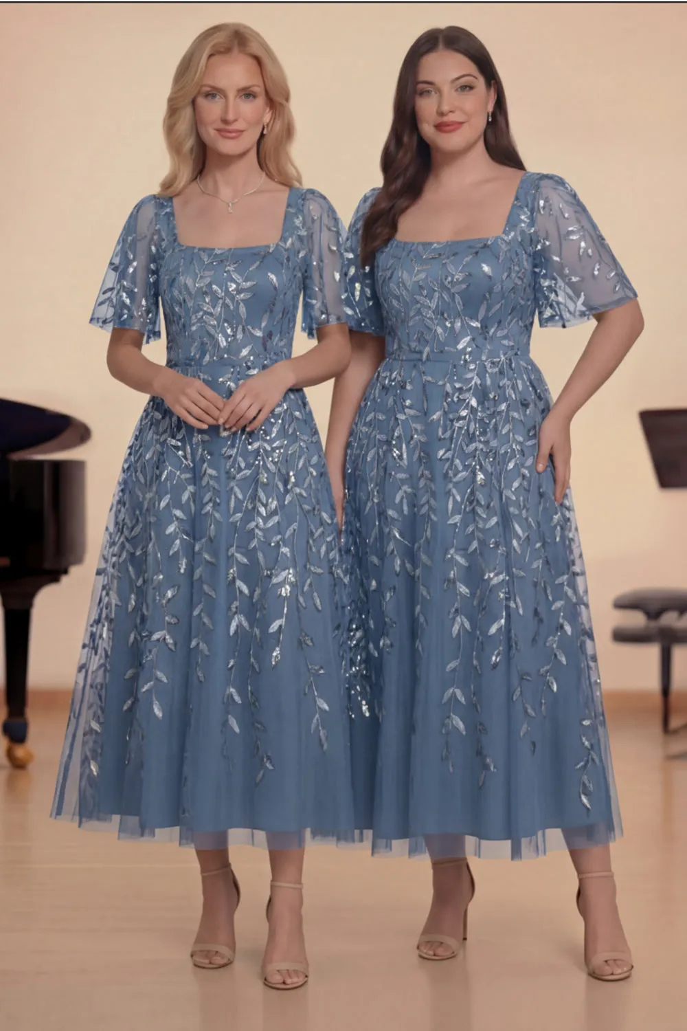 Black Gold Sequins A-Line Square Neck Midi Choir Dress with Short Sleeves sold by Zapaka product image thumbnail 4