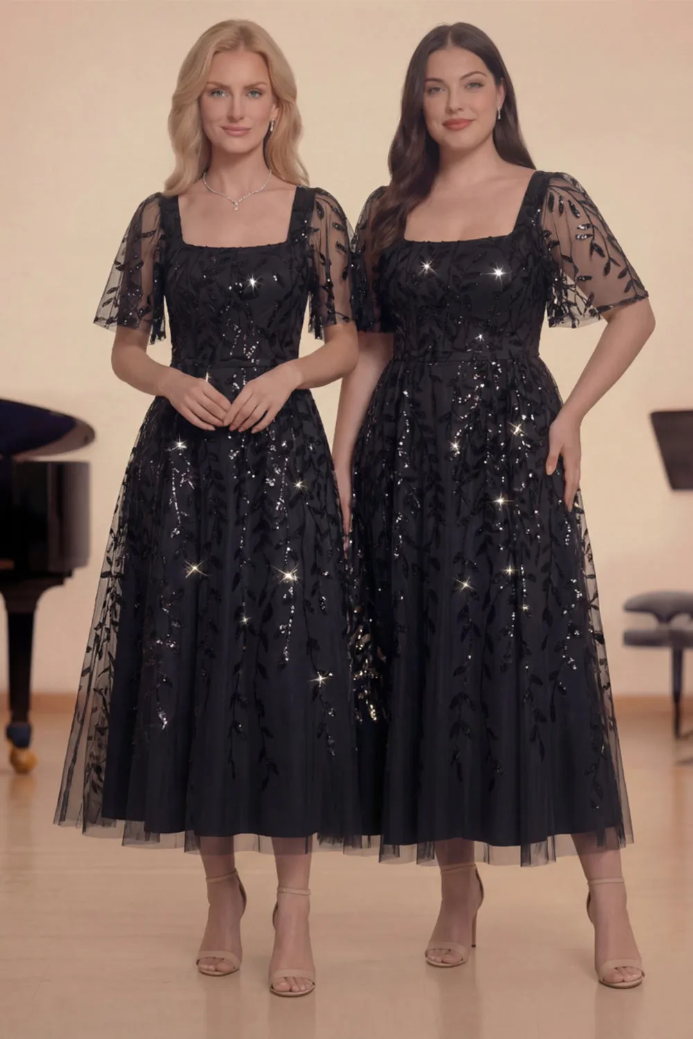 Black Gold Sequins A-Line Square Neck Midi Choir Dress with Short Sleeves sold by Zapaka product image thumbnail 3