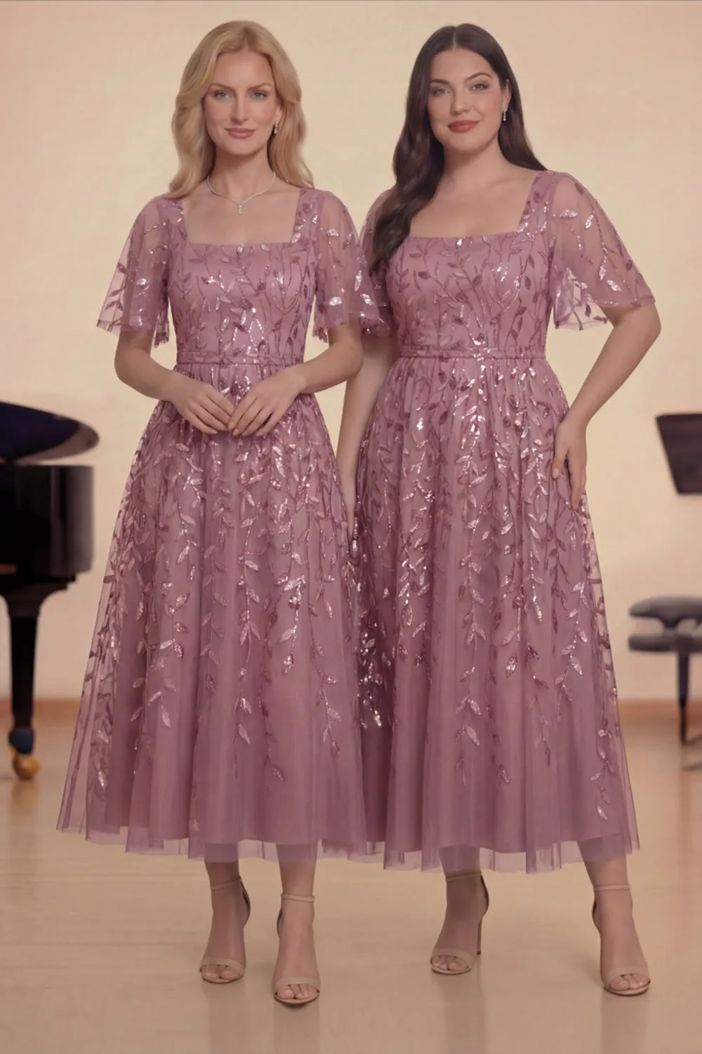 Black Gold Sequins A-Line Square Neck Midi Choir Dress with Short Sleeves sold by Zapaka product image thumbnail 5