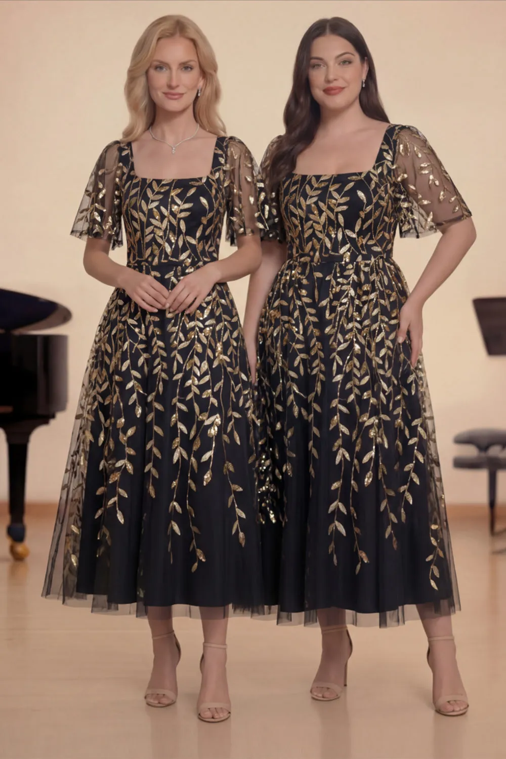 Black Gold Sequins A-Line Square Neck Midi Choir Dress with Short Sleeves sold by Zapaka