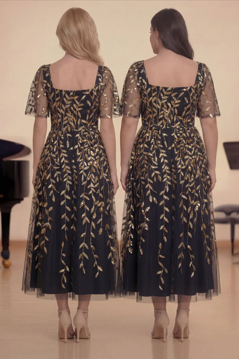 Black Gold Sequins A-Line Square Neck Midi Choir Dress with Short Sleeves sold by Zapaka product image thumbnail 2