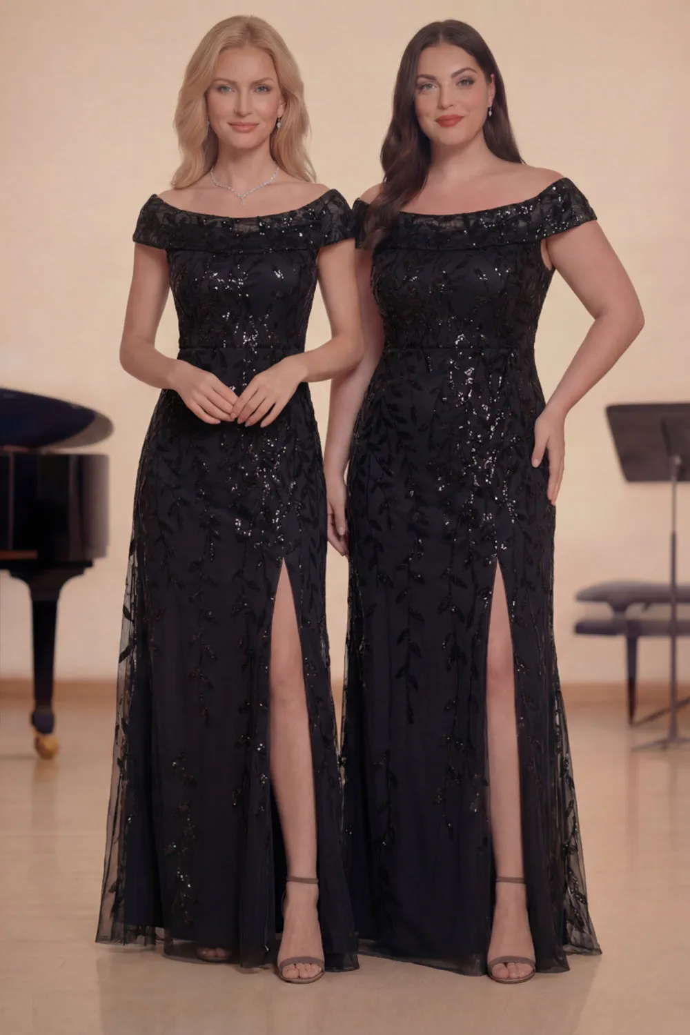 Sparkly Black Gold Off The Shoulder Sequin A-Line Long Choir Dress with Slit sold by Zapaka product image thumbnail 3