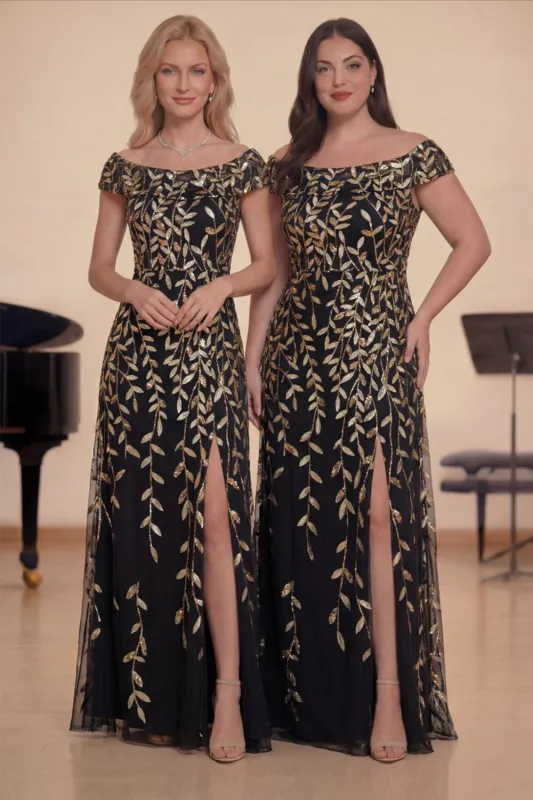 Sparkly Black Gold Off The Shoulder Sequin A-Line Long Choir Dress with Slit made by Zapaka