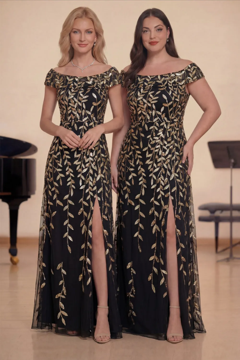 Sparkly Black Gold Off The Shoulder Sequin A-Line Long Choir Dress with Slit sold by Zapaka