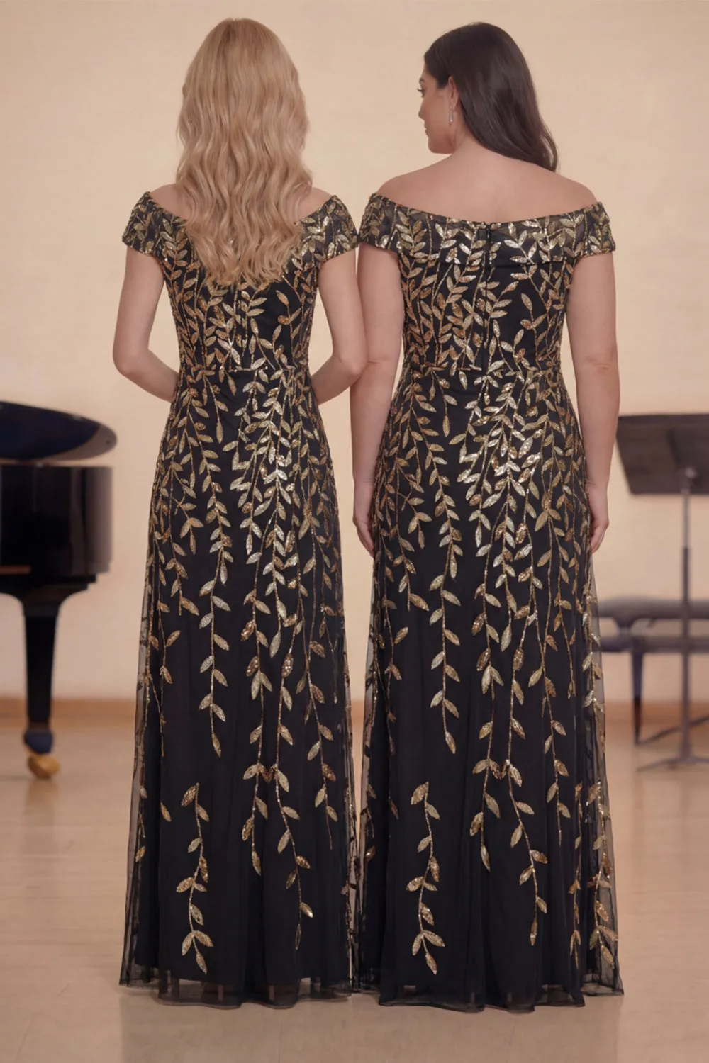 Sparkly Black Gold Off The Shoulder Sequin A-Line Long Choir Dress with Slit sold by Zapaka product image thumbnail 2