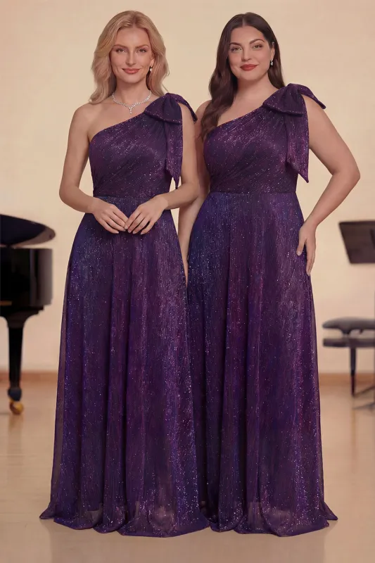 Purple One Shoulder A-Line Long Glitter Choir Dress with Bow sold by Zapaka