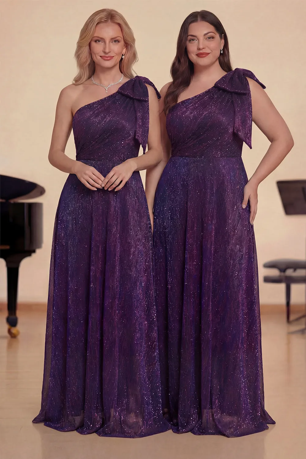Purple One Shoulder A-Line Long Glitter Choir Dress with Bow sold by Zapaka